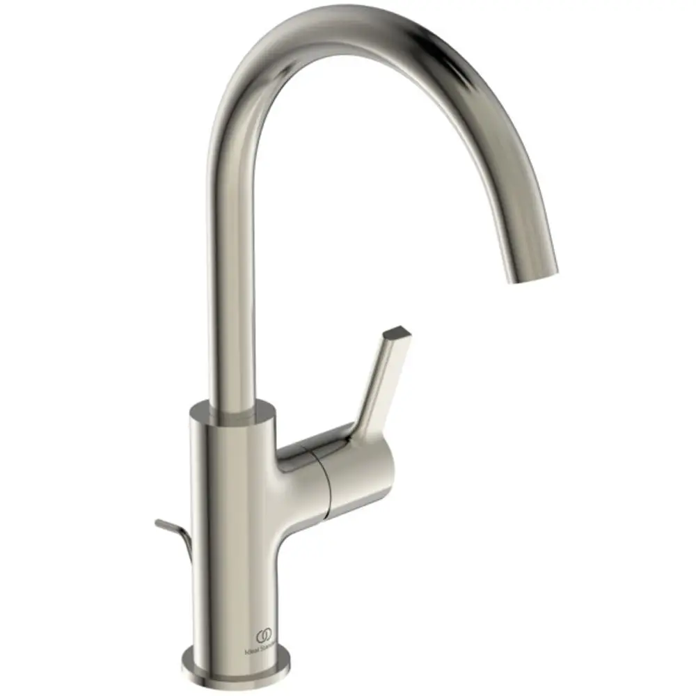 Waschtischarmatur aus verchromtem Metall mit gebogenem Auslauf und seitlichem Bedienhebel. Hersteller: Ideal Standard.